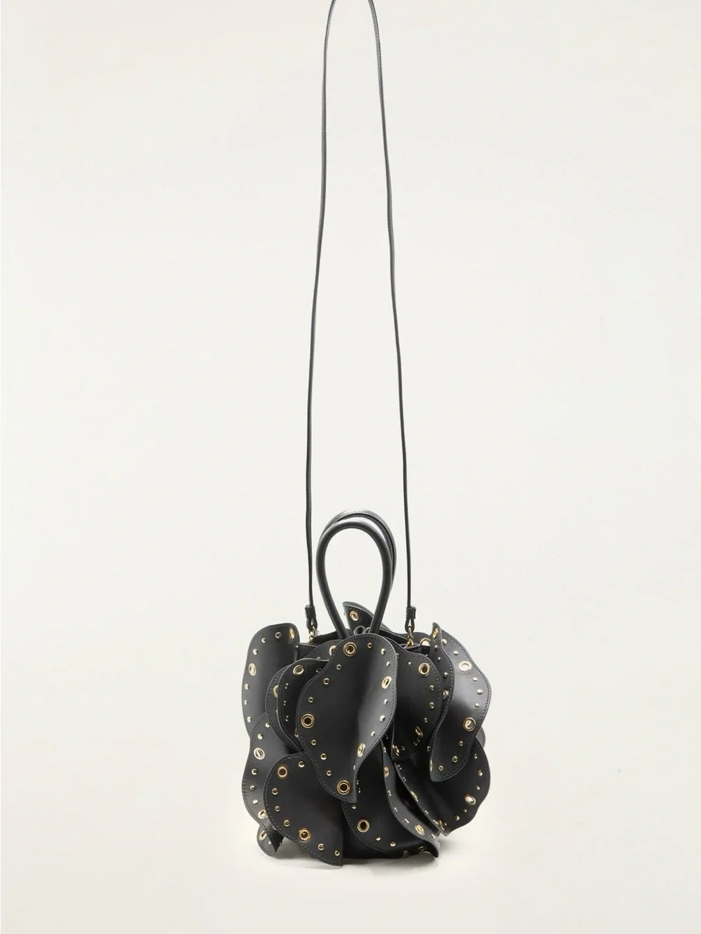 FARM Rio Black Floral Petal Eyelet Satchel with Gold Hardware